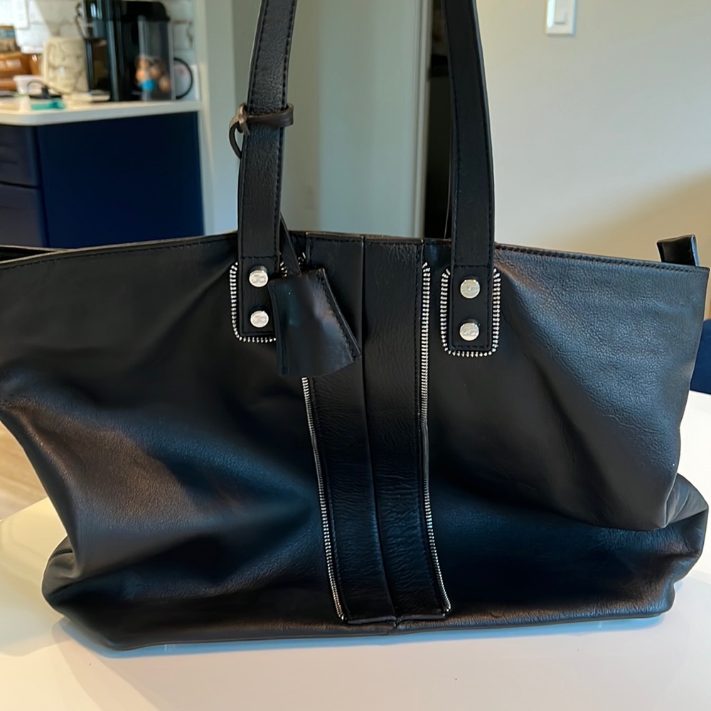 Black, leather tote bag